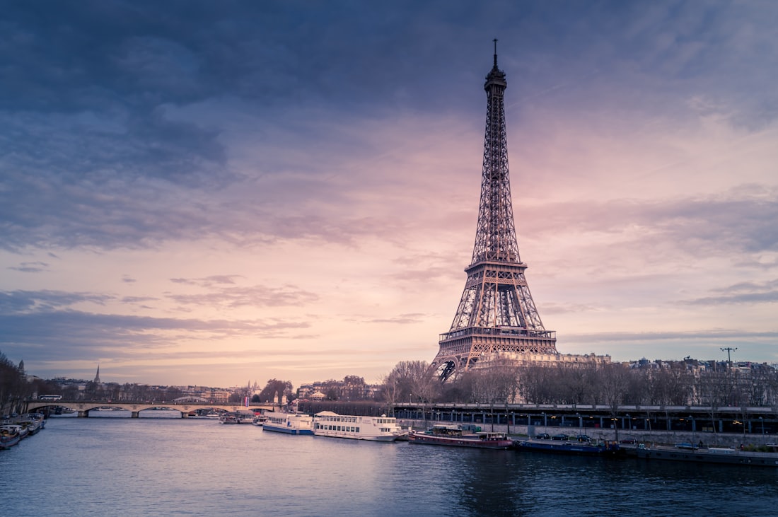 The Eiffel Tower at dusk in Paris, France