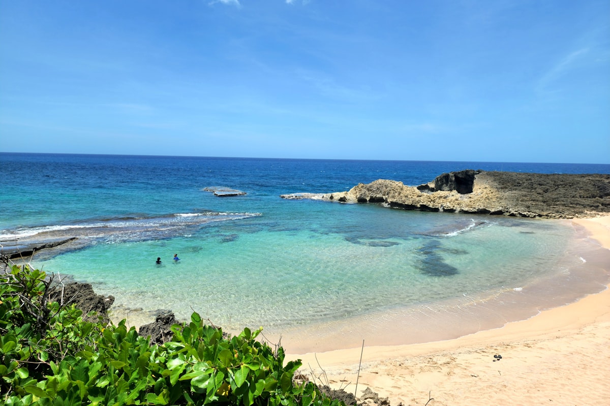 A vibrant turquoise cove with golden sand and lush greenery in Puerto Rico